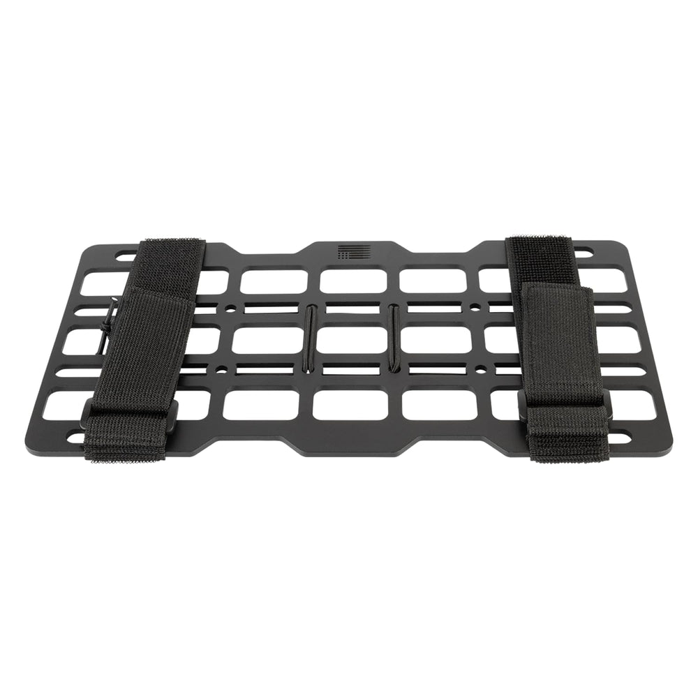 Bulletpoint front view of aluminum MOLLE visor organizer showing grid for attachments and neat storage benefit