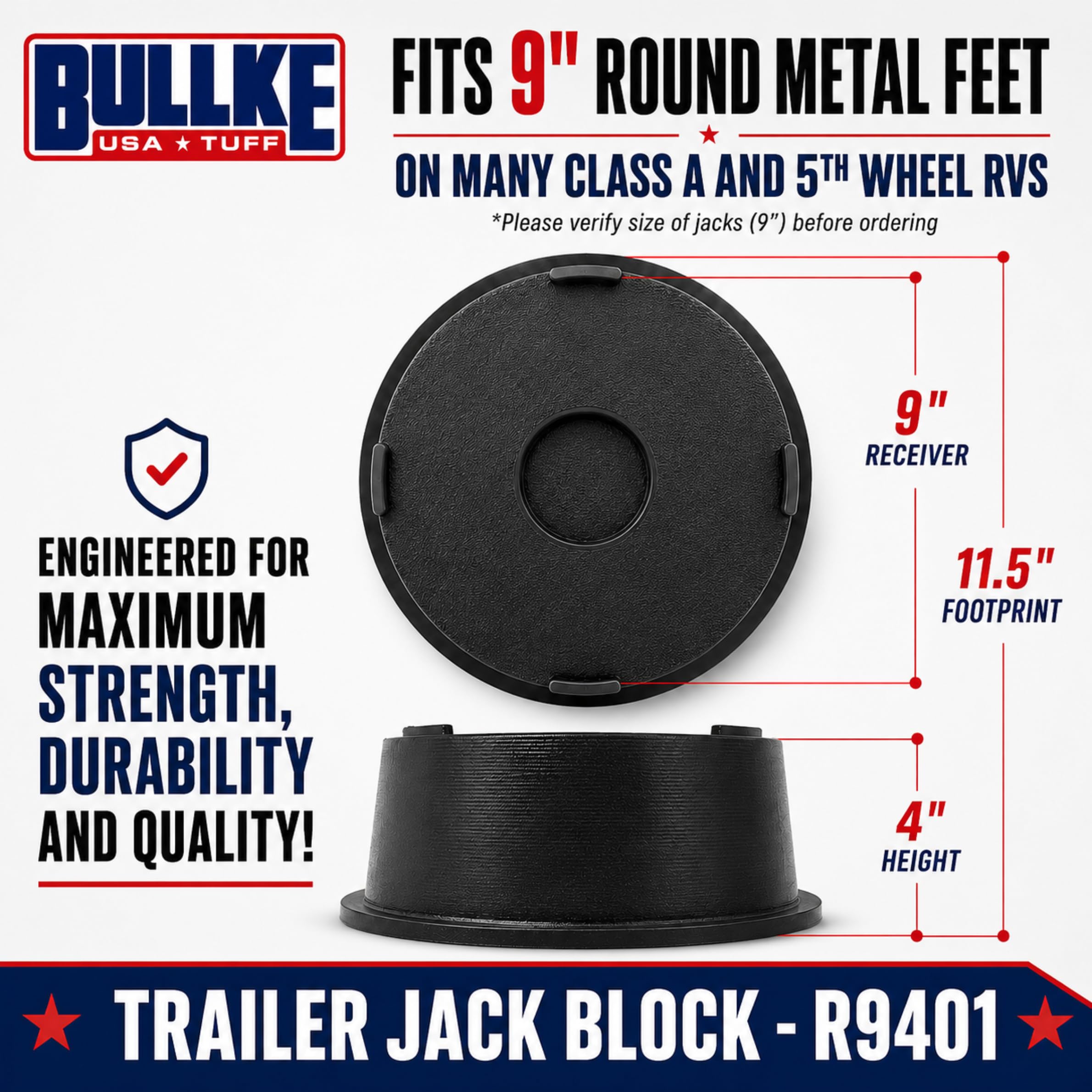 bullke block under tongue jack in use, prevents sinking on soft ground