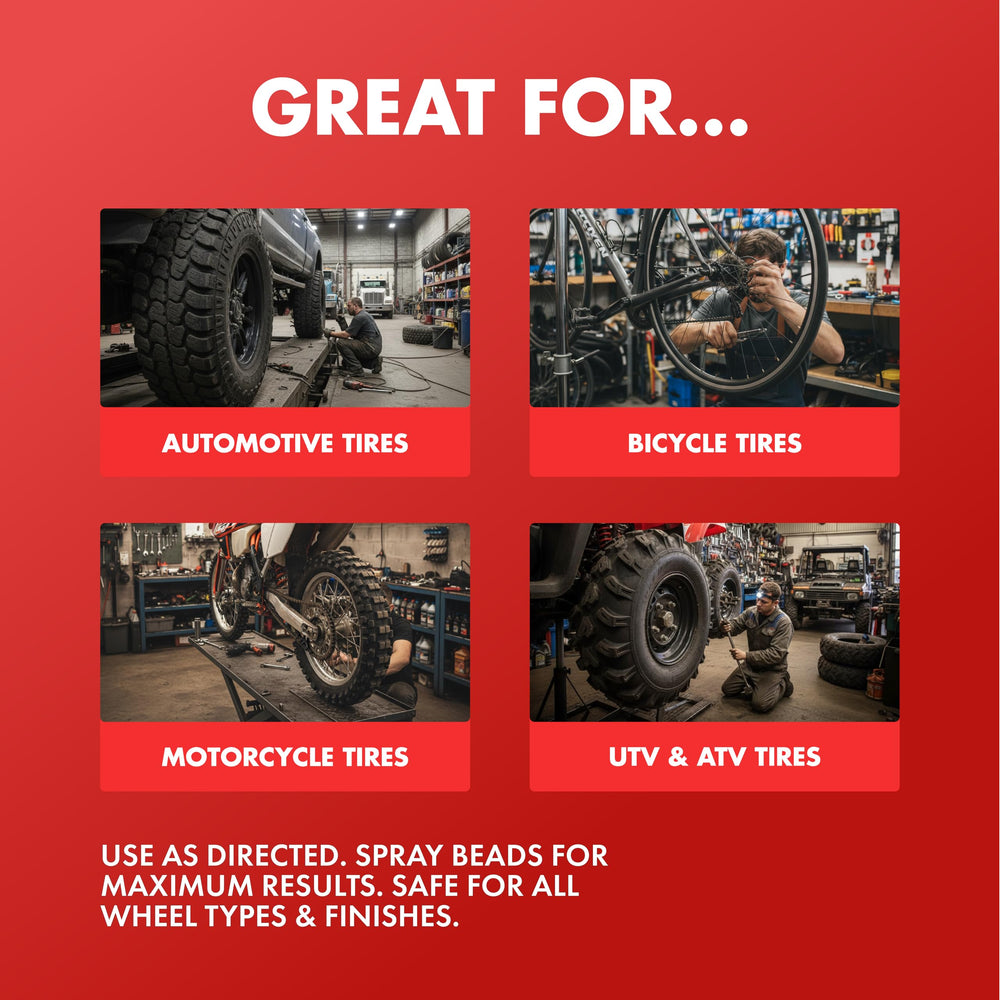 BullSnot! aerosol spraying toward tire bead for fast, mess-free application