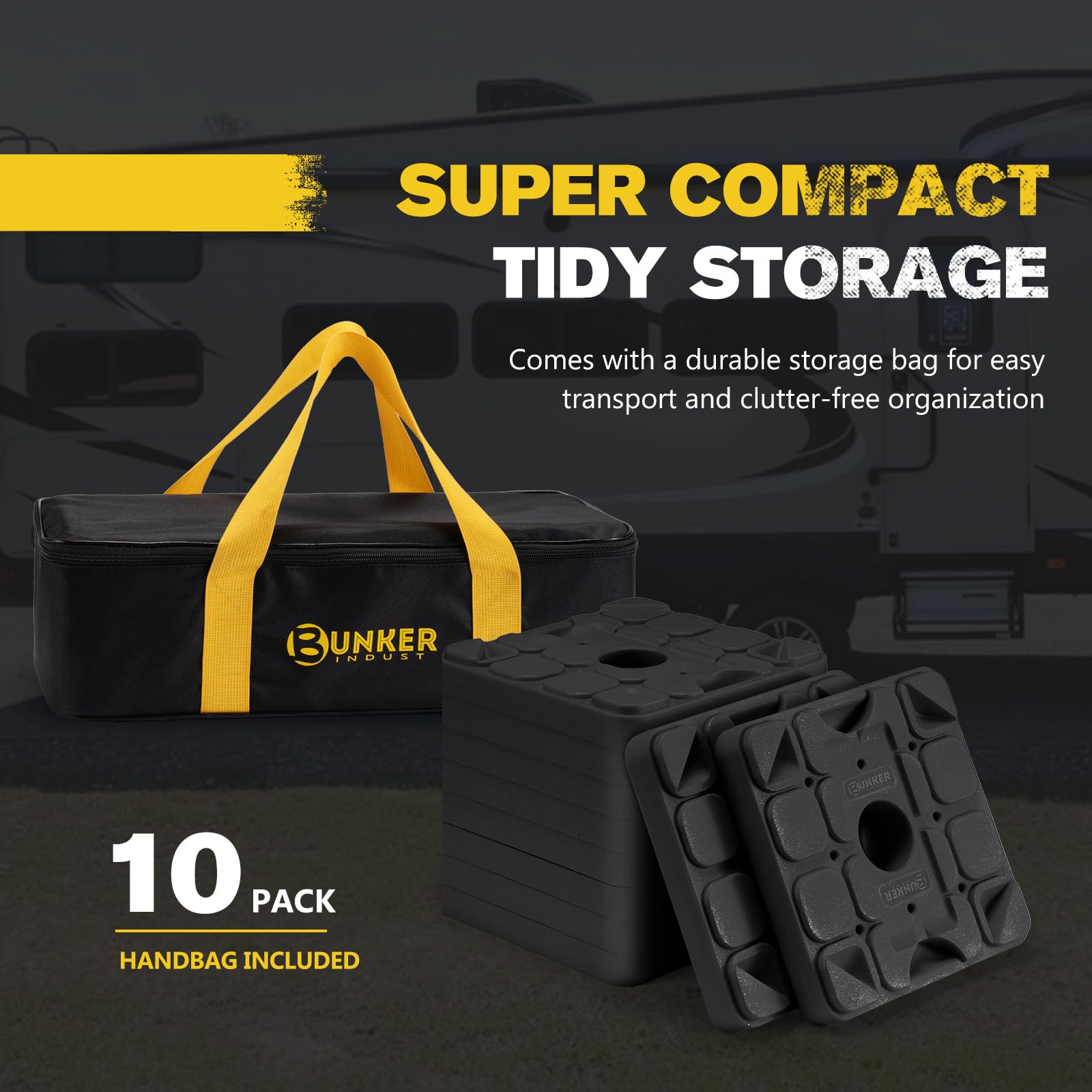 BUNKER INDUST blocks in a campsite scene stabilizing and leveling an RV trailer