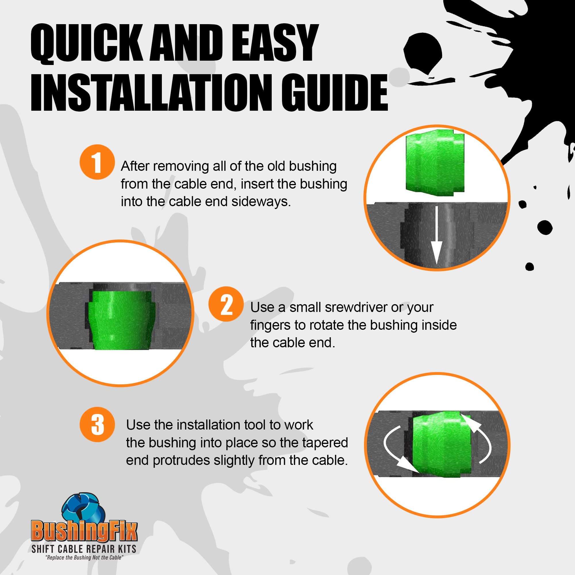 BushingFix labelled components laid out with instructions showing organized installation benefit