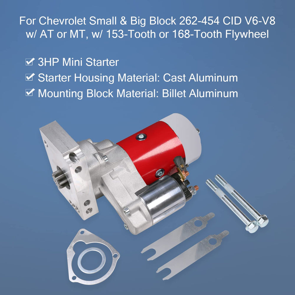 BUSIDN starter installed on Chevrolet engine showing space-saving benefit