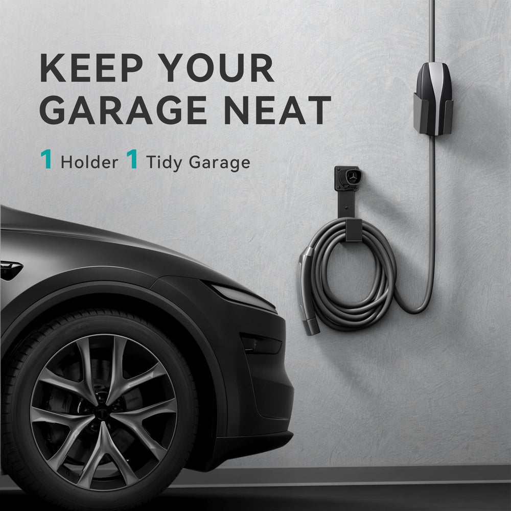 bussdis installed on a garage wall with Tesla charger docked for tidy parking