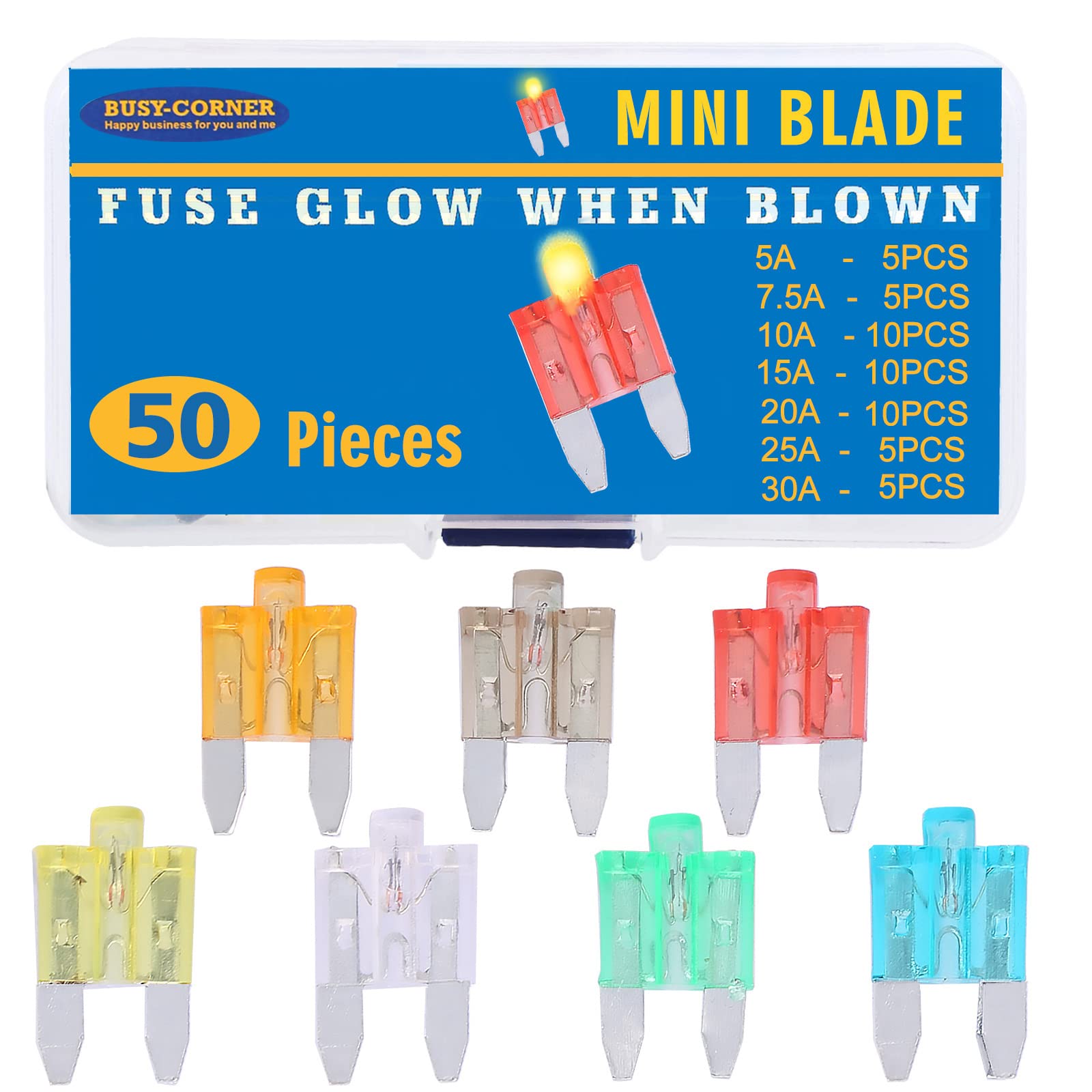 BUSY-CORNER front packaging showing 50-piece mini blade fuse assortment and quick identification