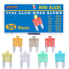 BUSY-CORNER front packaging showing 50-piece mini blade fuse assortment and quick identification