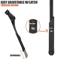 BV kickstand mounted on a mountain bike rear seat area for secure, low-profile support