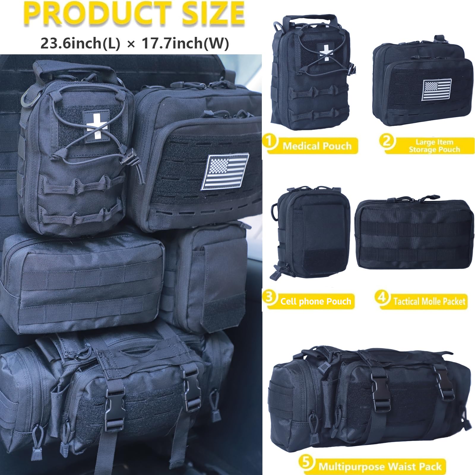 BXBXHD detachable pouches arranged separately to demonstrate modular storage flexibility