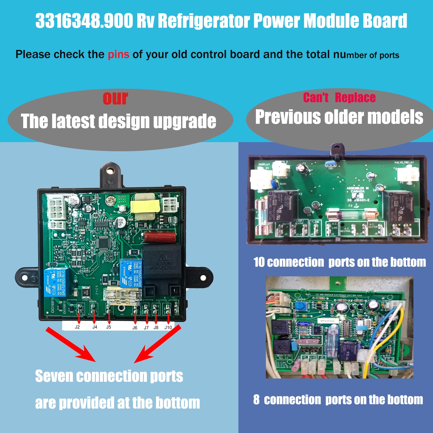 Bxmgr control board installed inside RV refrigerator showing restored power and ignition functions