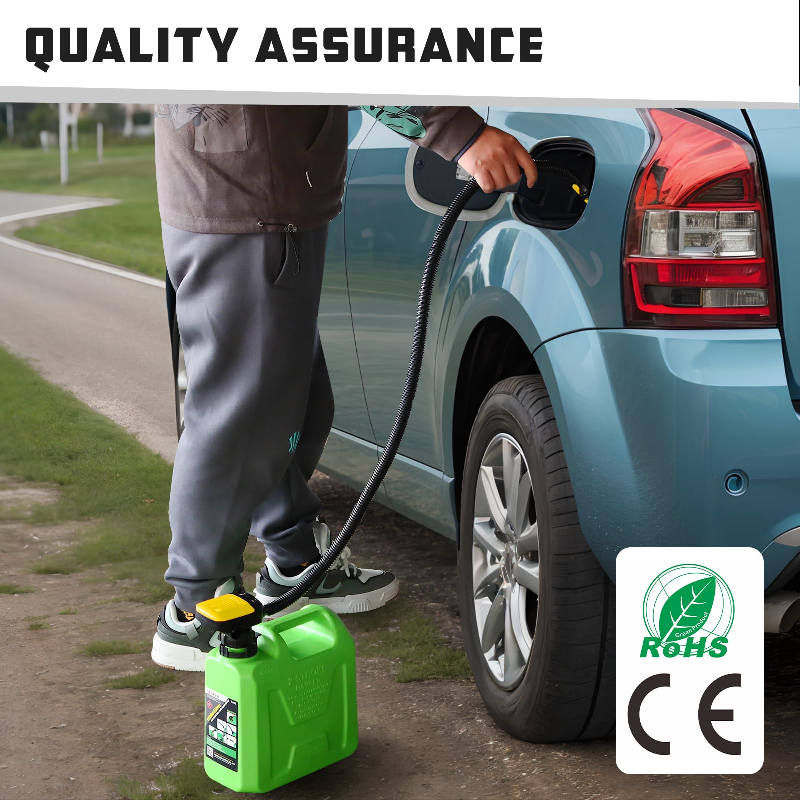 BYERNAUTO pump transferring fuel from a gas can to a tank illustrating spill reduction