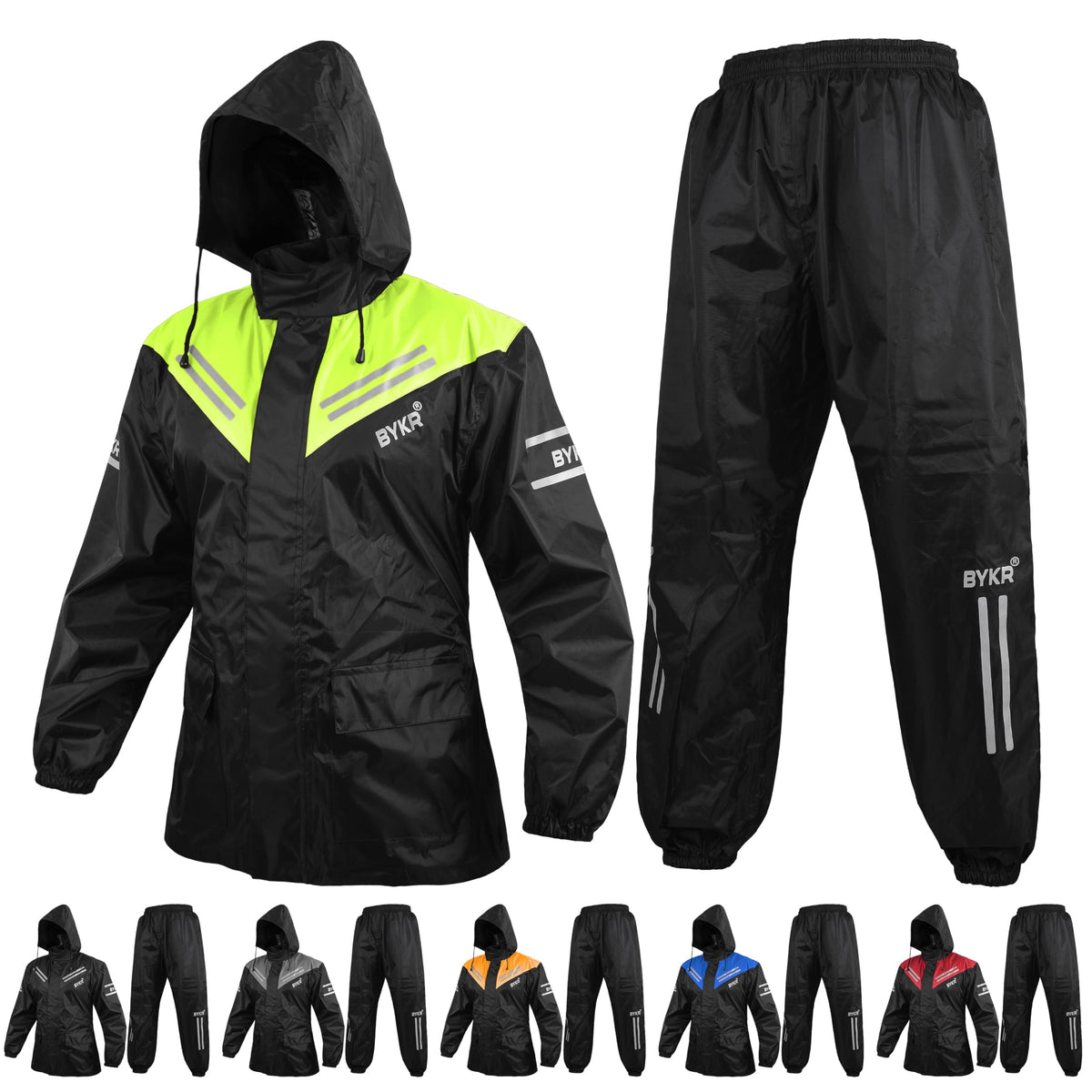 BYKR front view of jacket and pants showing waterproof protection and fit