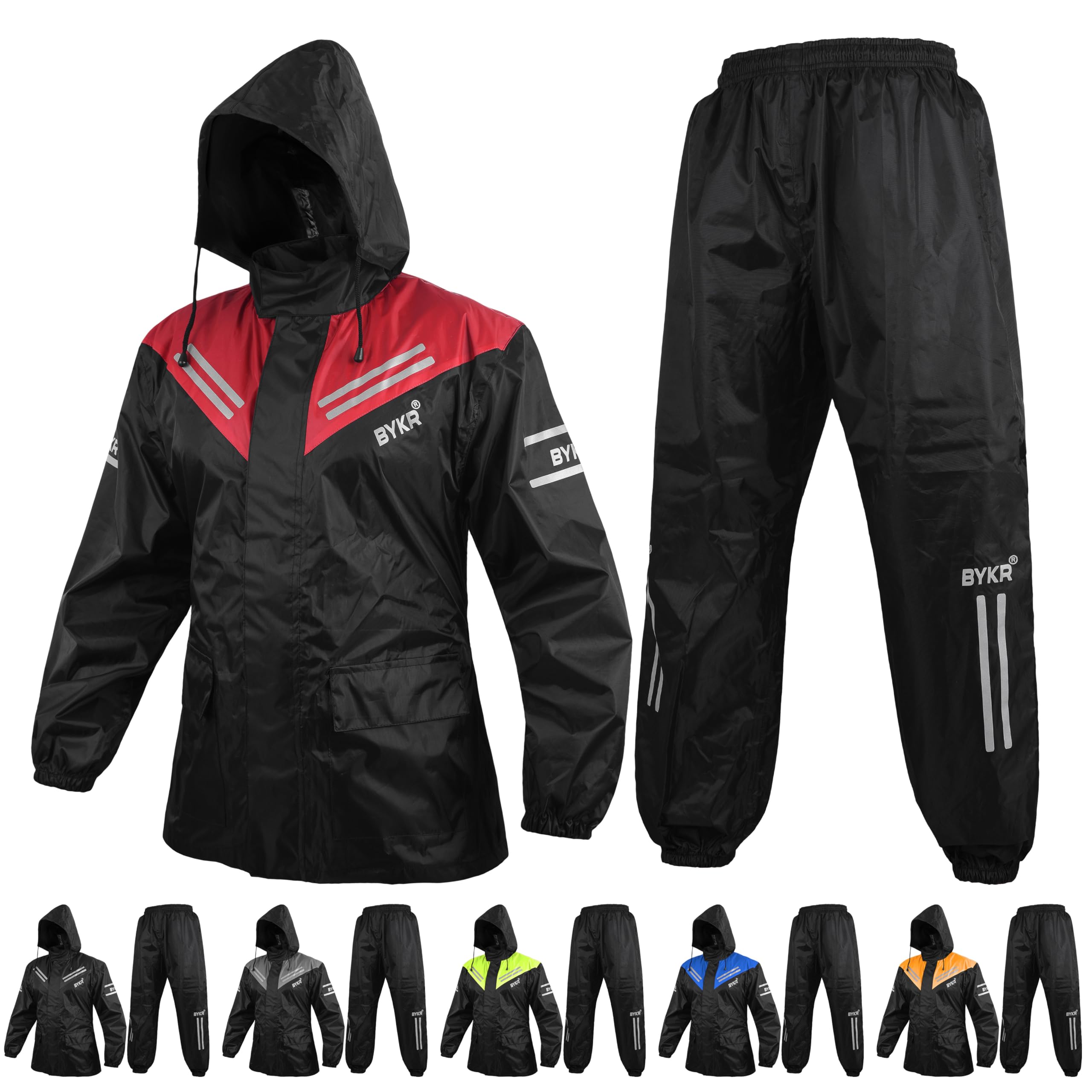BYKR front view red jacket and pants showing full wet-weather coverage and visibility