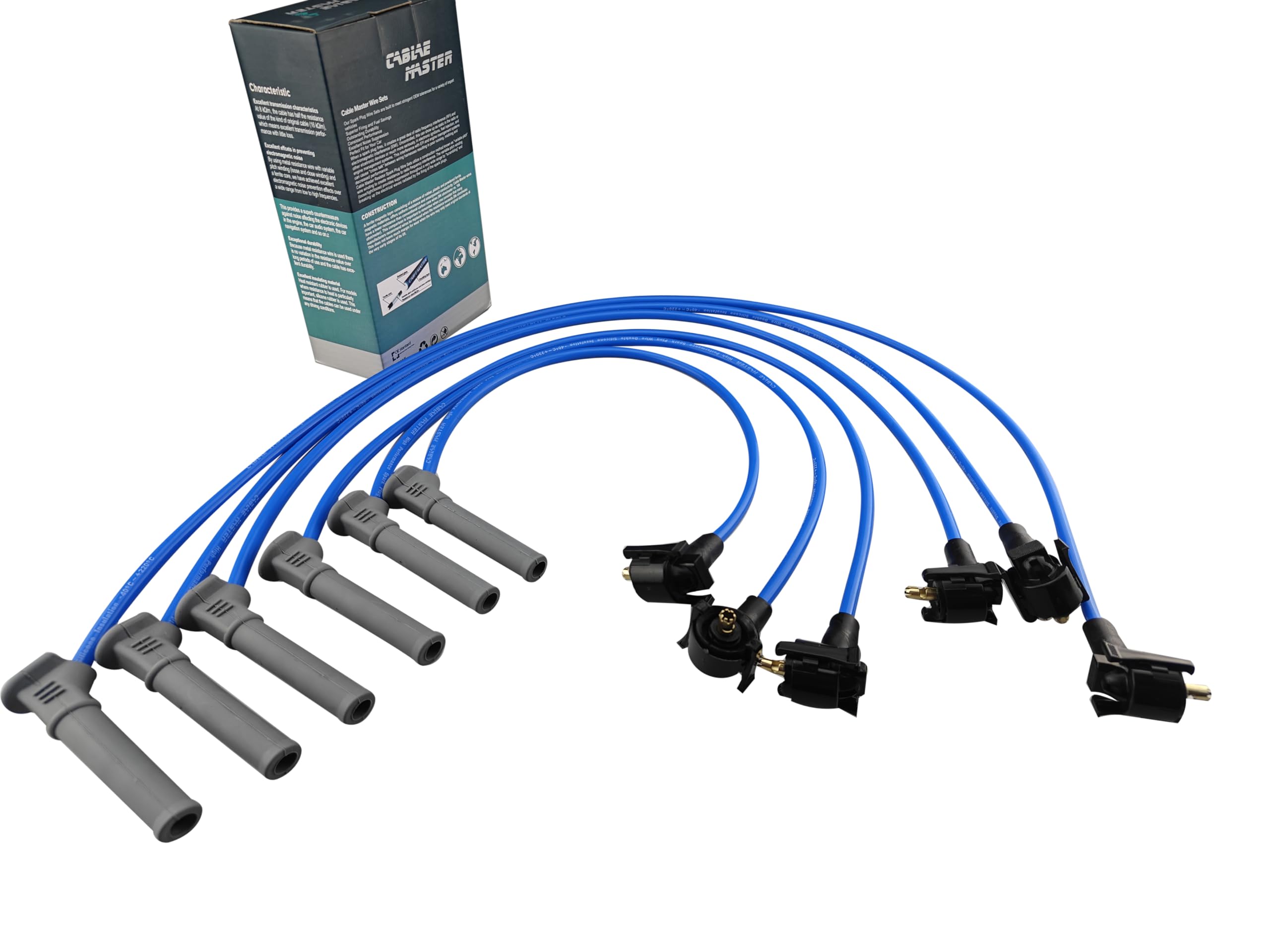 Cable Master front packaging showing blue wires and fitment, ensures correct vehicle compatibility