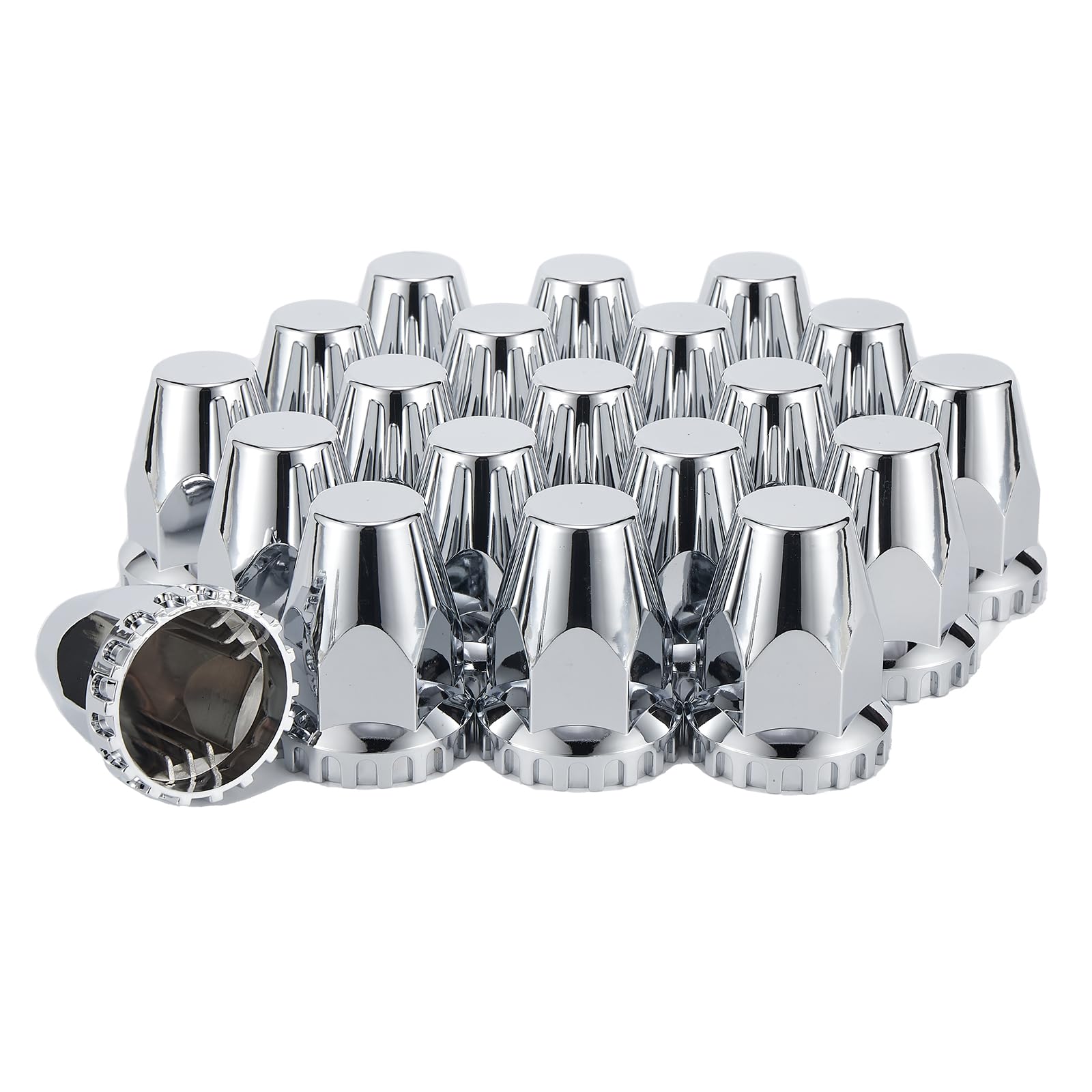 Cabtherlyn front view of 20-pack chrome lug nut covers showing packaging and quantity benefit