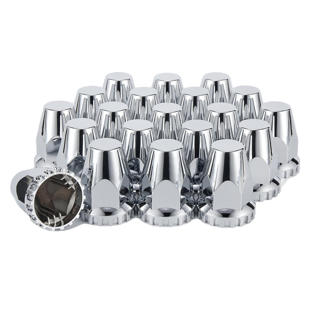 Cabtherlyn front view of 20-pack chrome lug nut covers showing packaging and quantity benefit