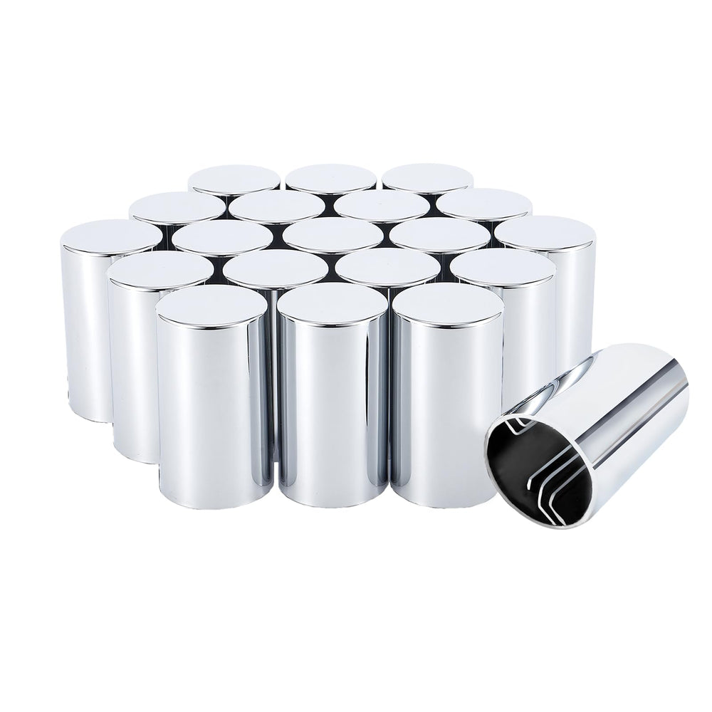Cabtherlyn front view of 20-pack chrome lug nut covers showing packaging and contents benefit protection