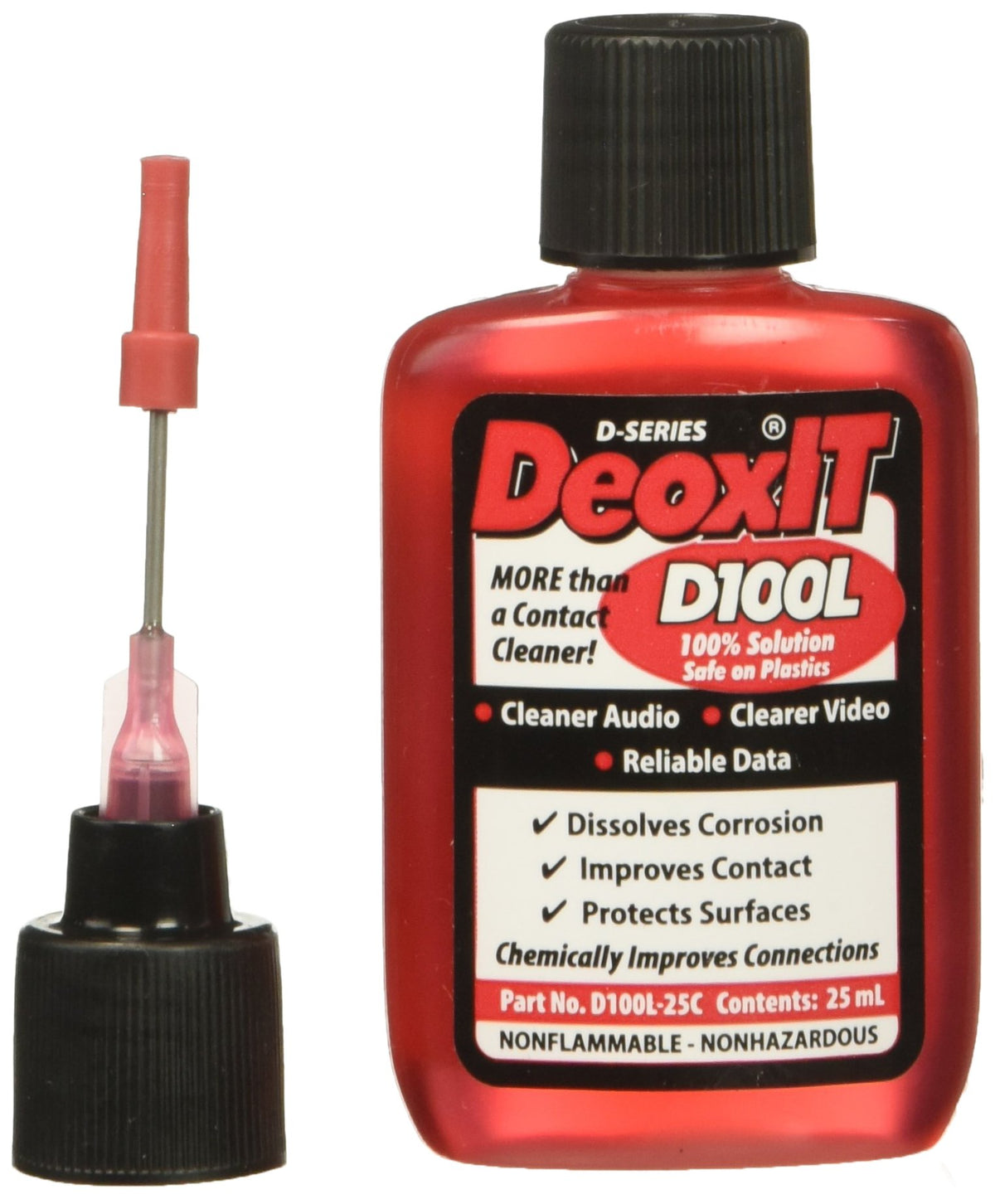 CAIG LABORATORIES DeoxIT needle applicator front view showing label and 25 mL bottle for precise cleaning