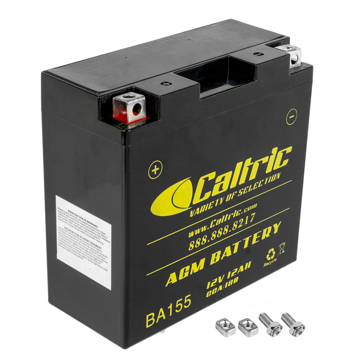 Caltric AGM front packaging view showing compact fit and easy replacement benefit