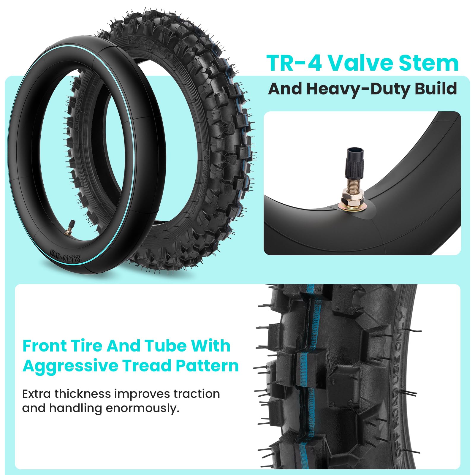 CALU LUKY tires and tubes on a small dirt bike in trail setting showing ready-to-ride confidence