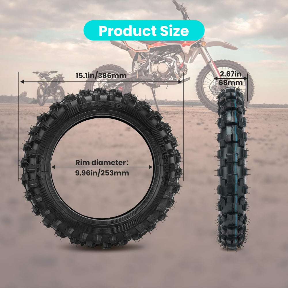 CALU LUKY tire beside a ruler showing scale for correct 2.50/2.75-10 sizing verification