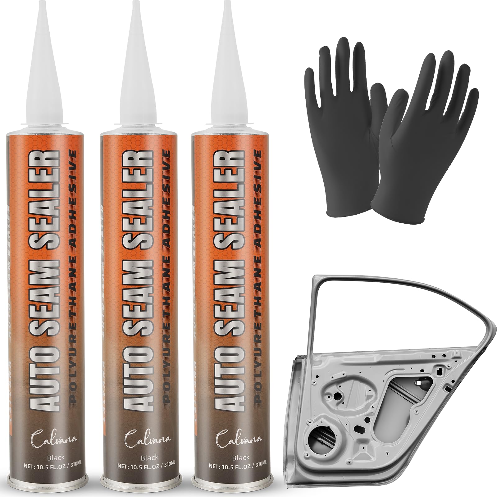 Calvana front packaging showing three seam sealer tubes and included accessories for durable repairs