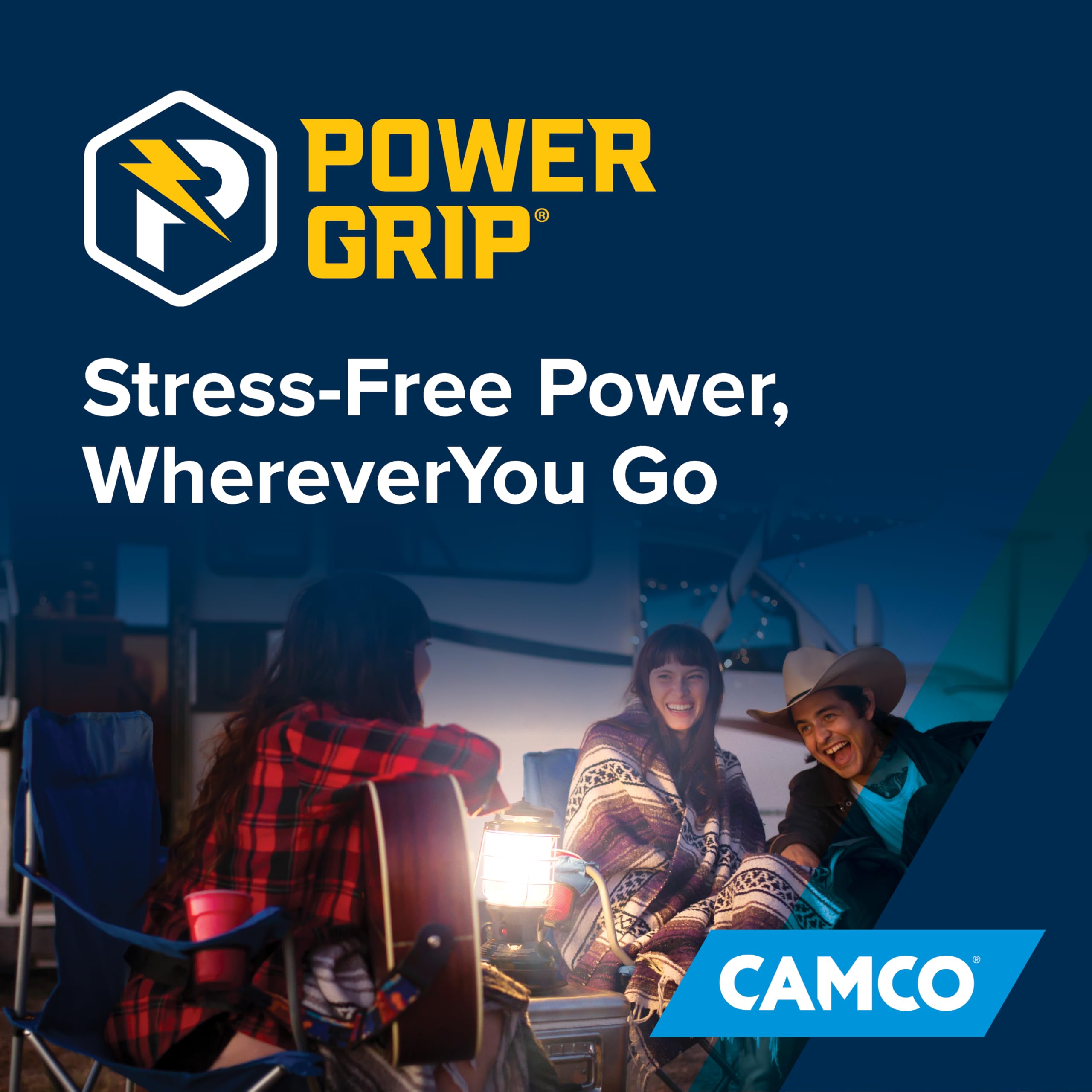 Camco adapter plugged into pedestal in campsite setting showing reliable use