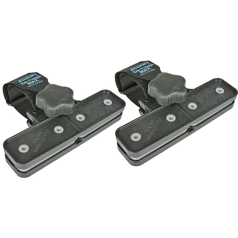 Camco De-Flapper Max front view showing clamp and strap, protects awning edges