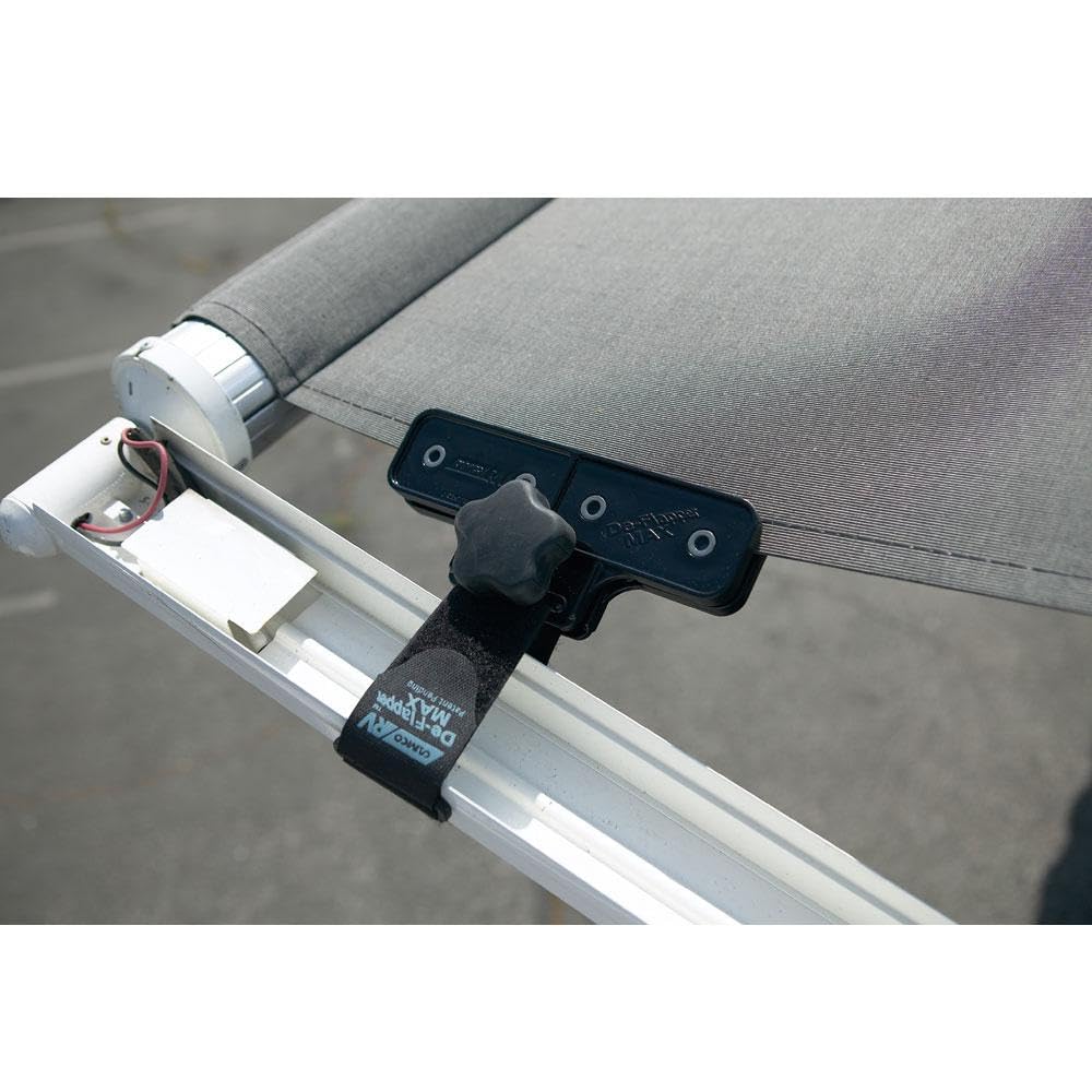 Camco De-Flapper Max clamped on RV awning in wind, reduces noisy flapping