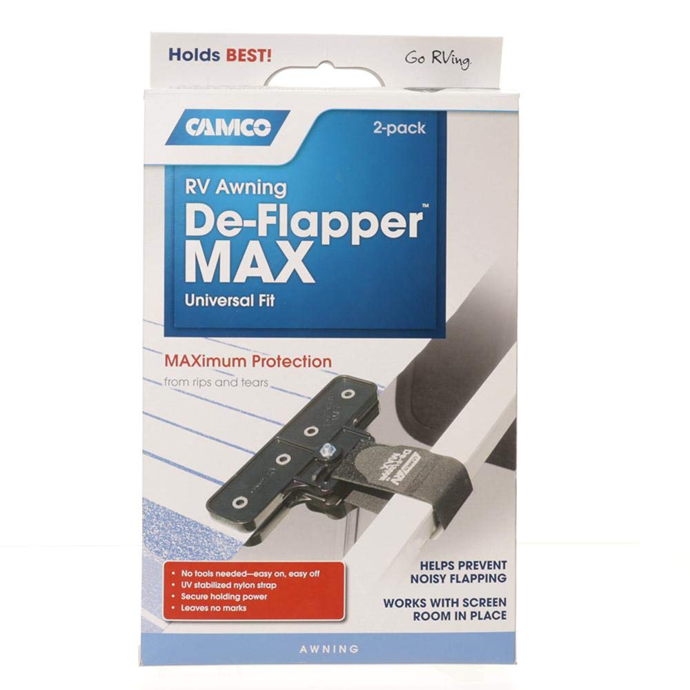 Camco De-Flapper Max held in hand for scale, compact protection for awnings