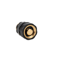 Camco brass quick hose connect front view showing compact durable fitting and easy grip benefit