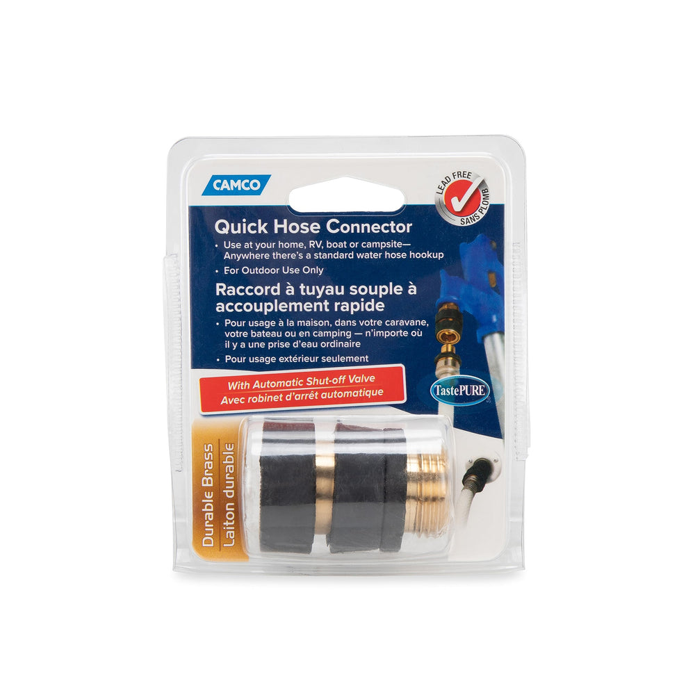 Camco brass quick hose connect attached to garden hose in yard demonstrating fast swaps benefit