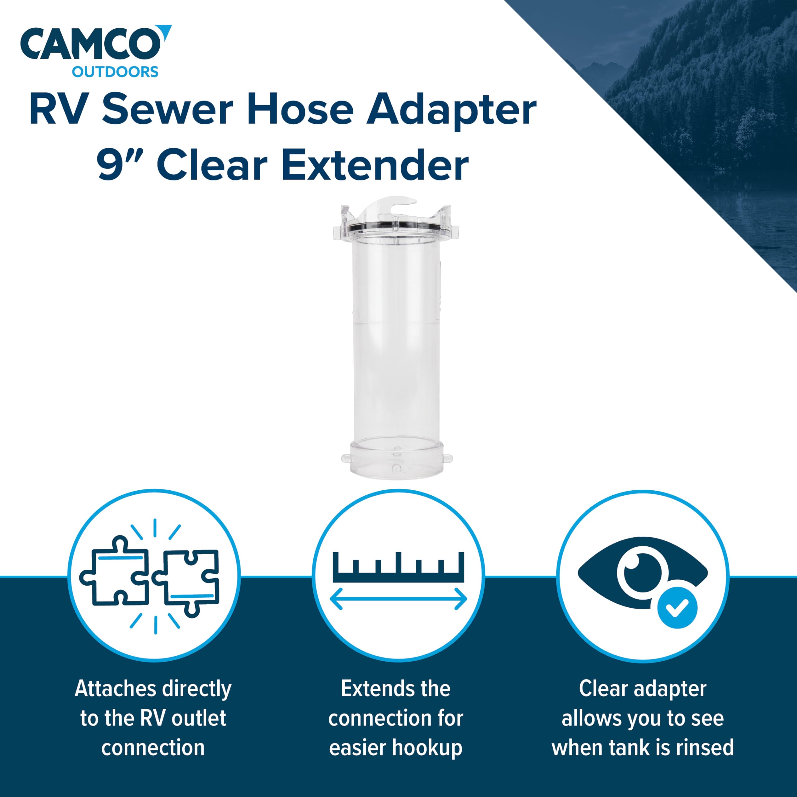 Camco adapter next to tape measure for scale showing 9-inch reach benefit