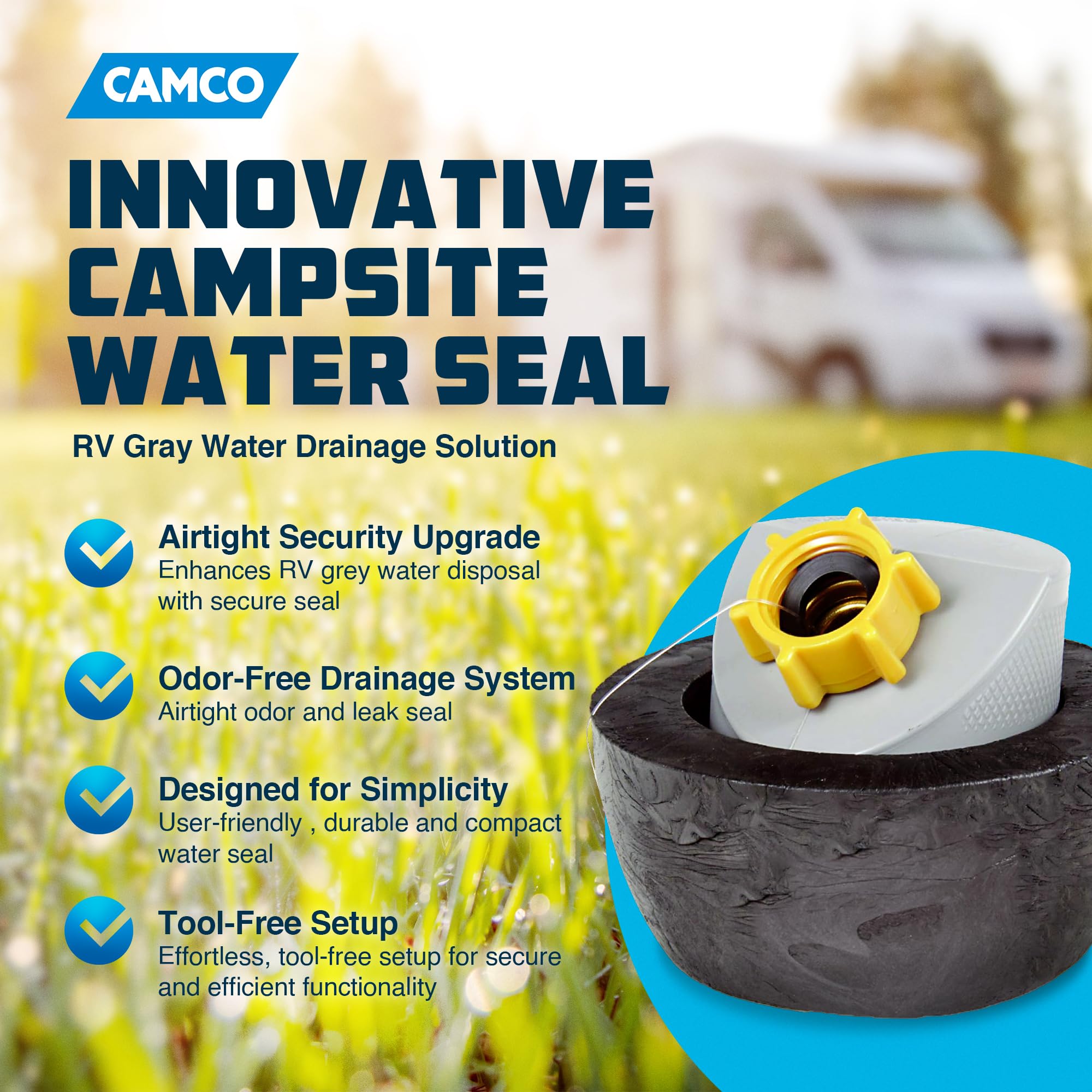 Camco Easy Slip top connector detail showing smooth slip interface for leak reduction