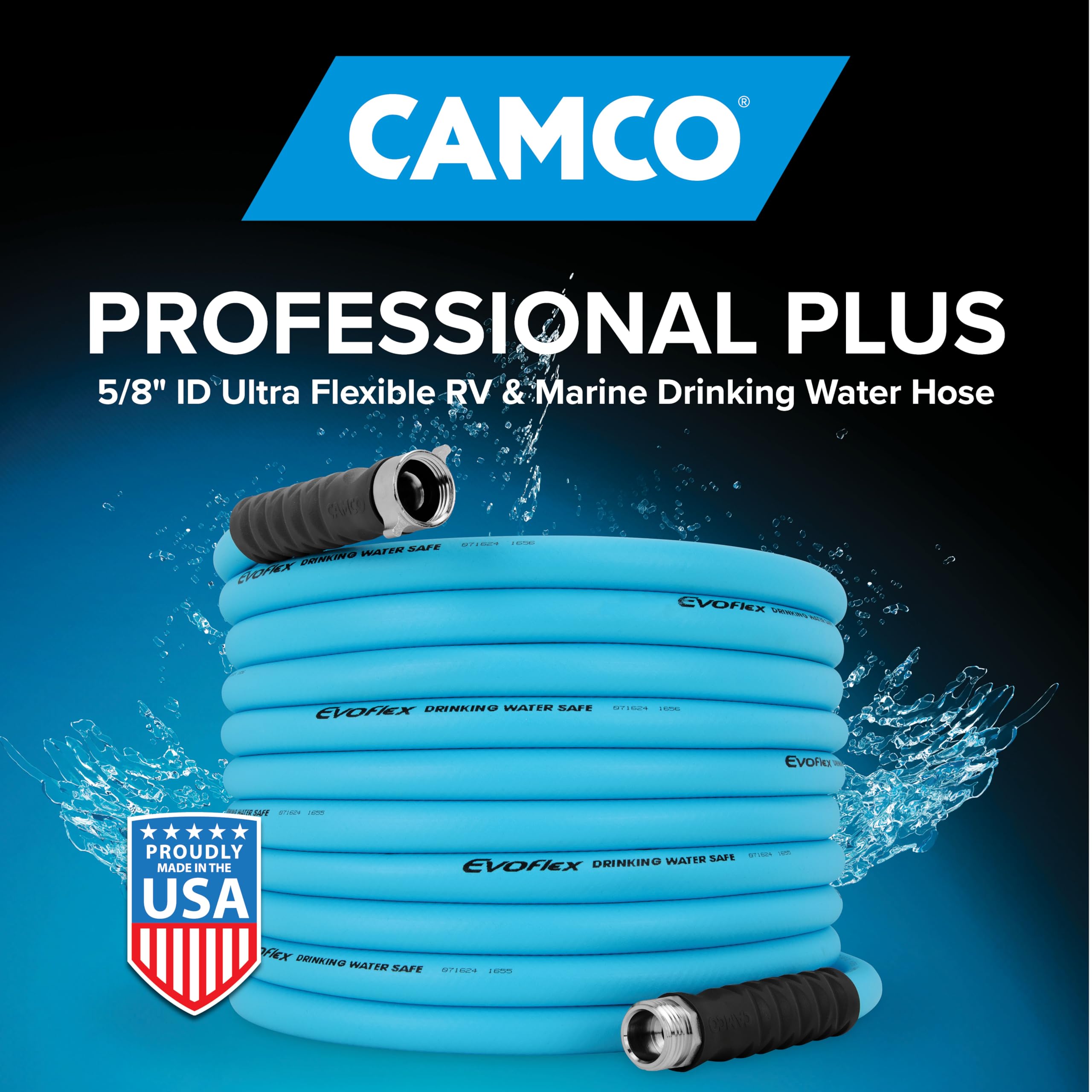 Camco EVOFlex neatly coiled with hand for scale indicating compact, tangle-free storage