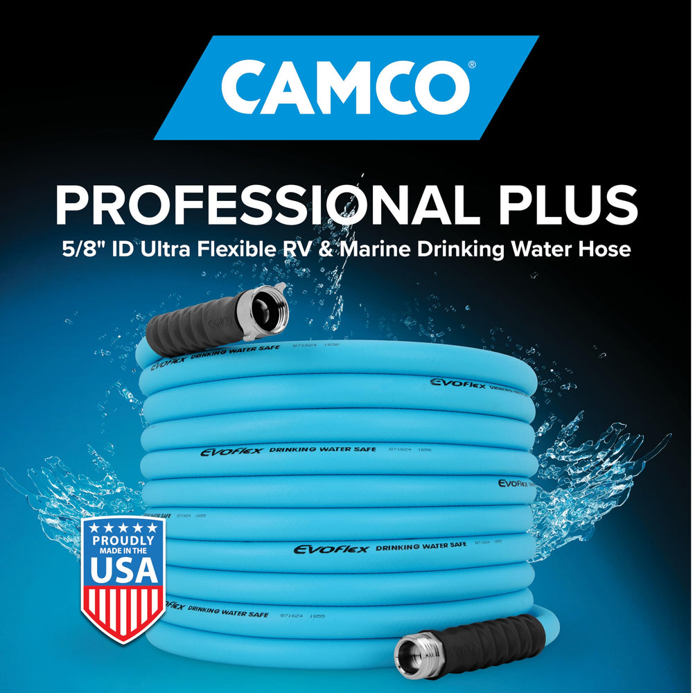 Camco EVOFlex neatly coiled with hand for scale indicating compact, tangle-free storage