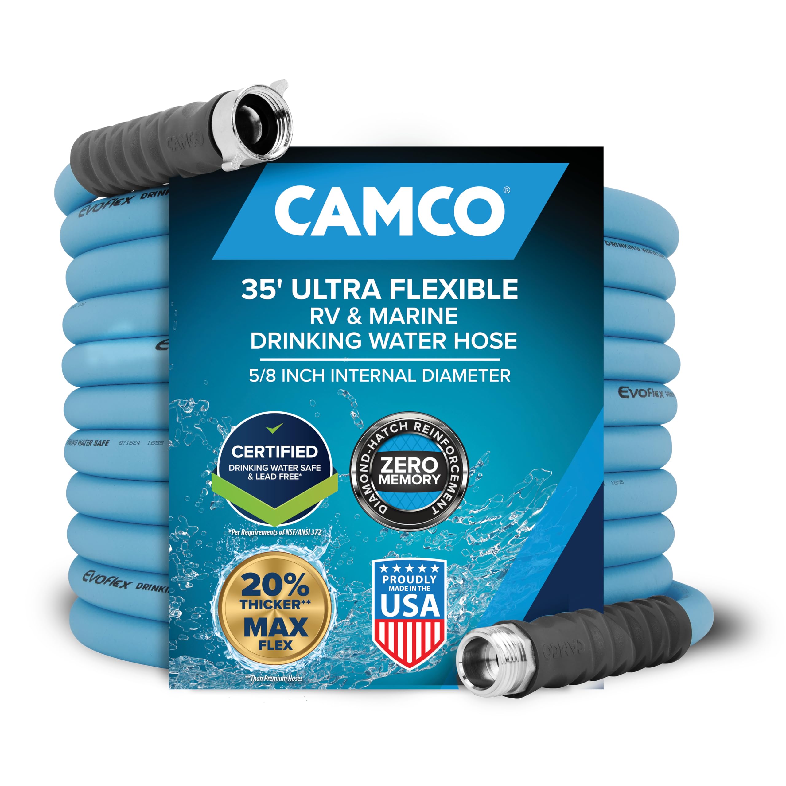 Camco EvoFlex front packaging showing hose and key features for safe water