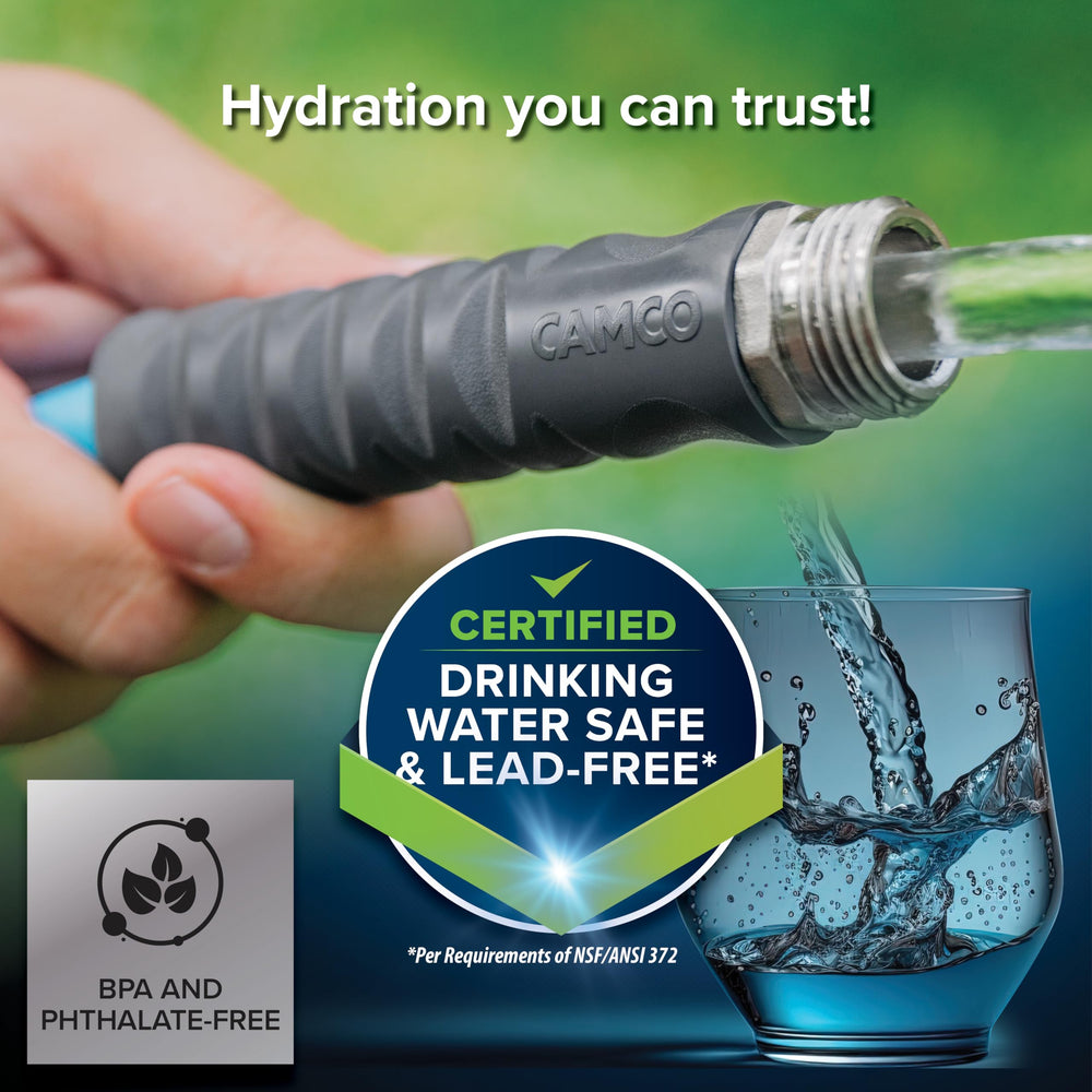 Camco EVOFlex connected to RV spigot showing easy potable water hookup