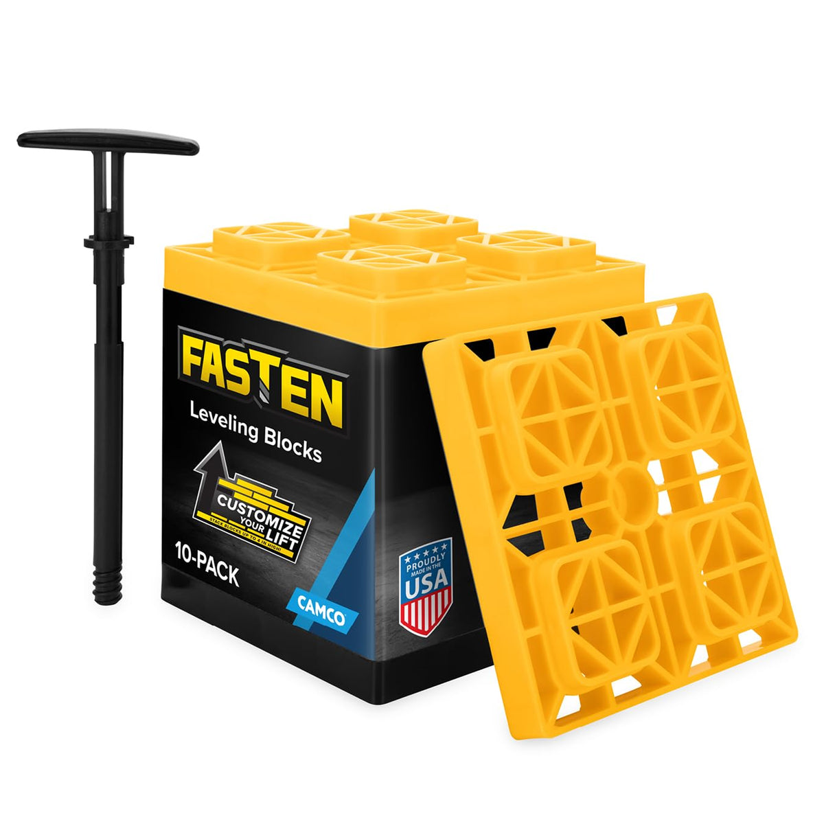 Camco FasTen front packaging showing bright yellow blocks and count, easy identification and storage