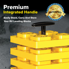 Camco FasTen block under RV wheel providing stable, level support on uneven ground