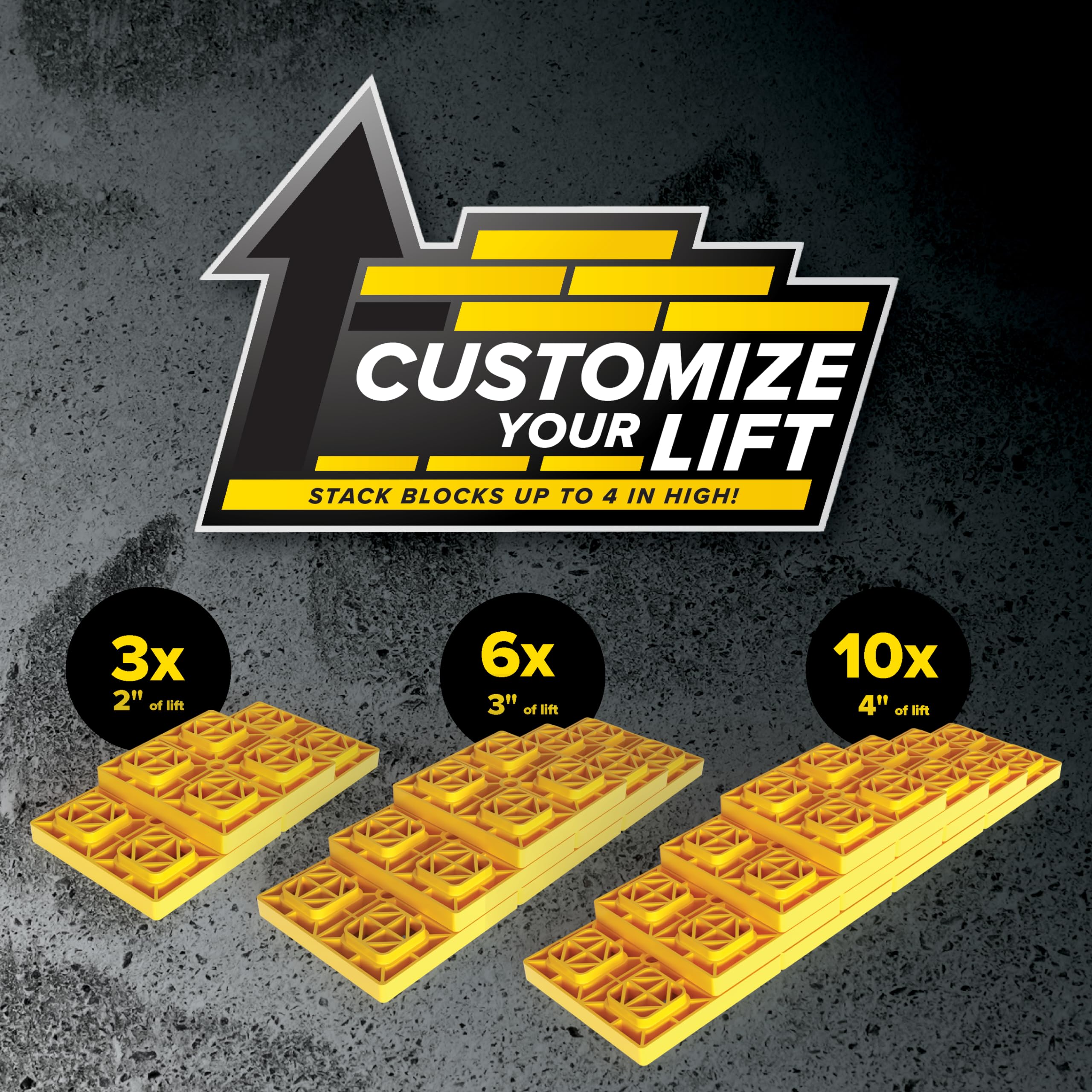 Stacked Camco FasTen blocks beside ruler showing safe stack height and precise height adjustment