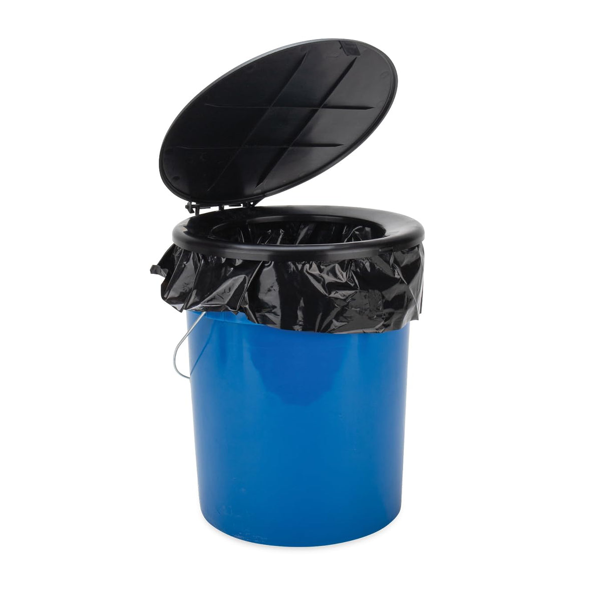 Camco front view of bucket toilet showing secure seat and lid for comfort