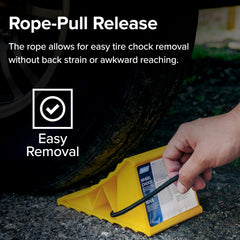 Camco in use pressed against RV tire demonstrating strong wheel hold