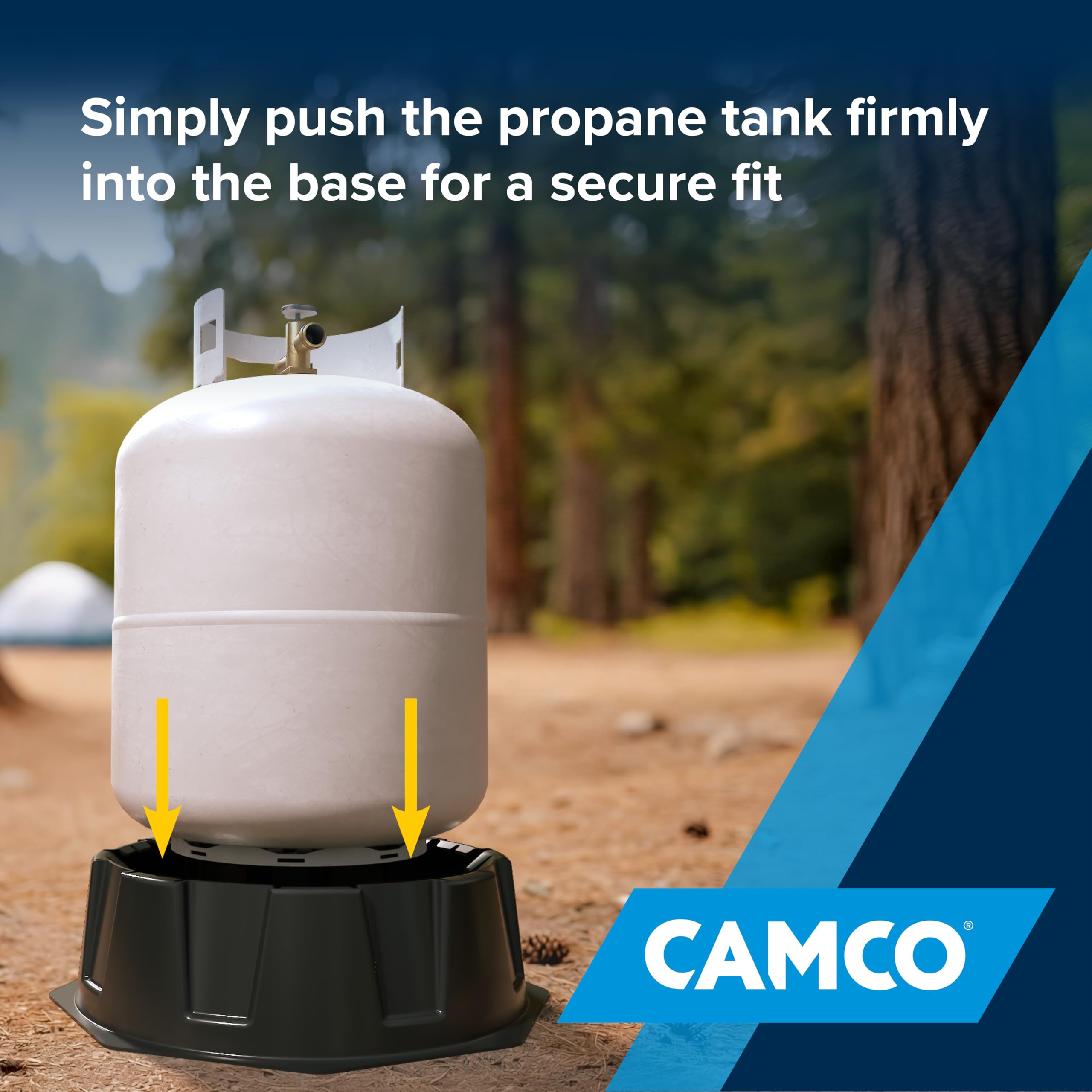 Camco stabilizer installed in RV compartment securing propane tank during travel