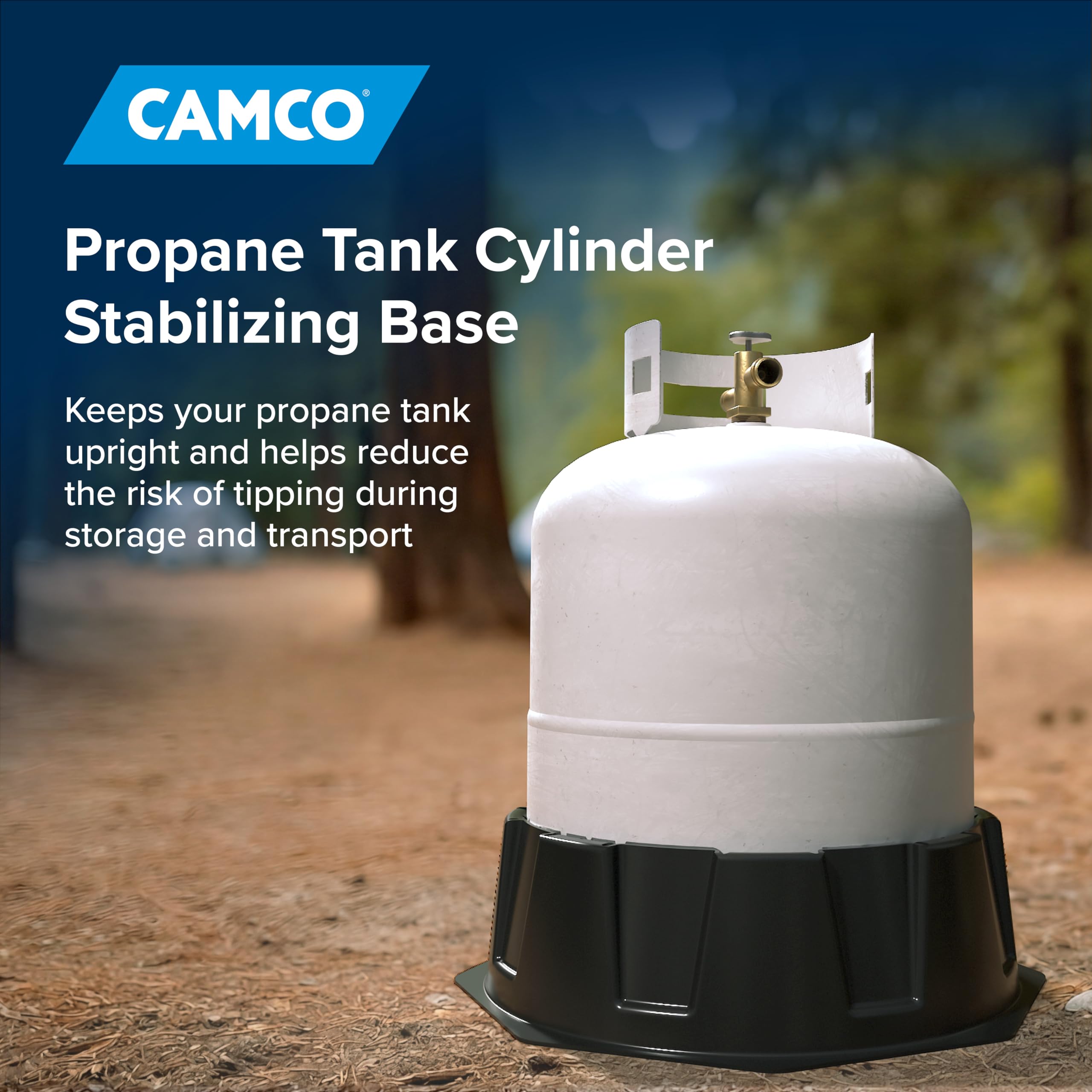 Camco stabilizer used at campsite keeping propane cylinder steady and safe