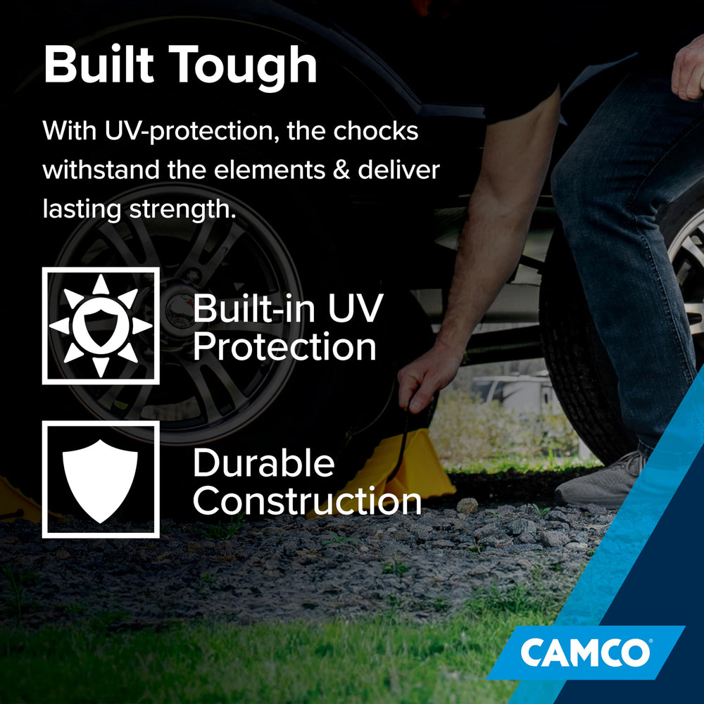 Camco at campsite beside trailer illustrating convenience and peace of mind