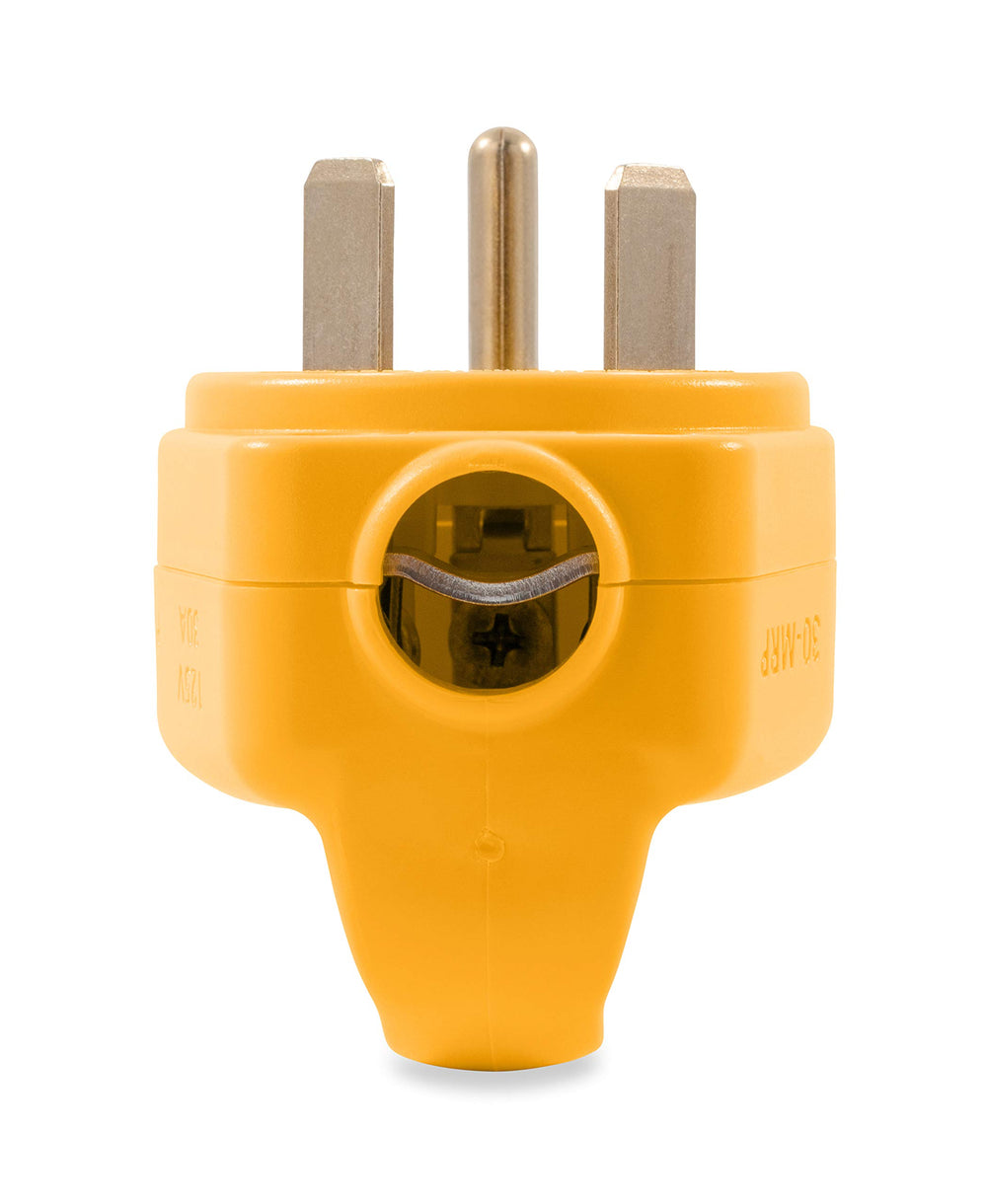 Camco plug connected to shore power at a marina demonstrating dependable electrical hookup