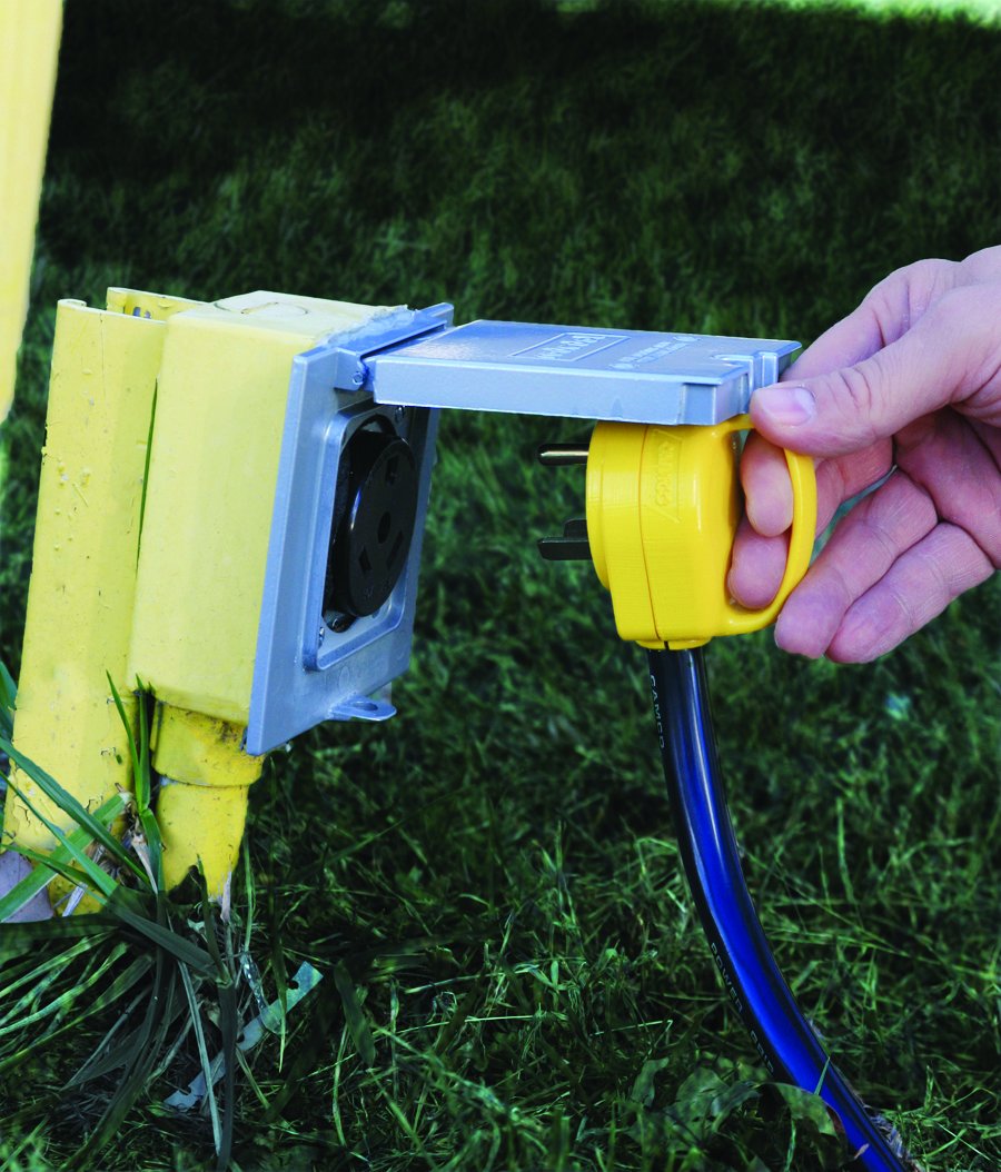 Camco close-up of Power Grip handle for secure, non-slip gripping and convenient unplugging