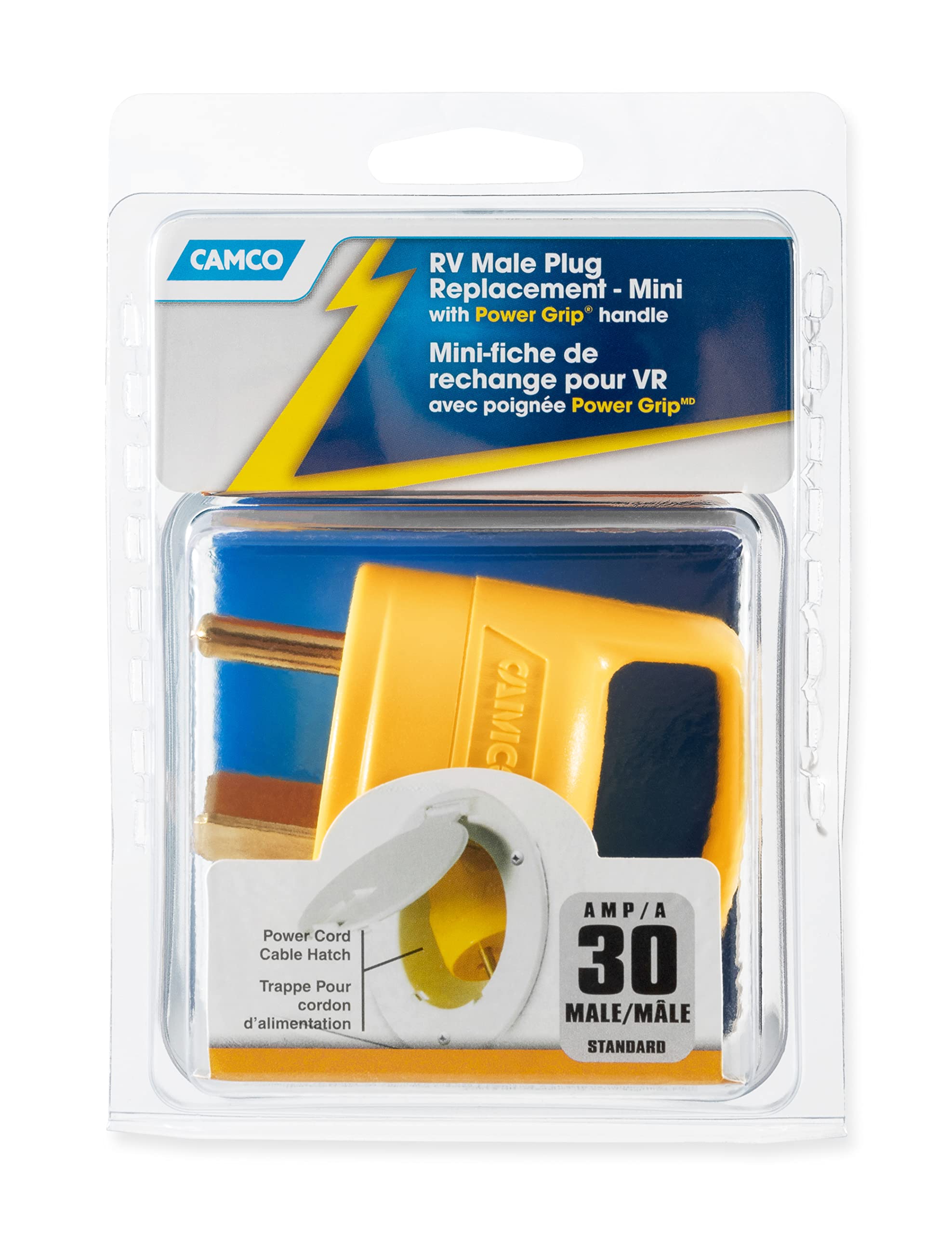 Camco plug held in hand for scale showing ergonomic grip and travel-friendly compactness