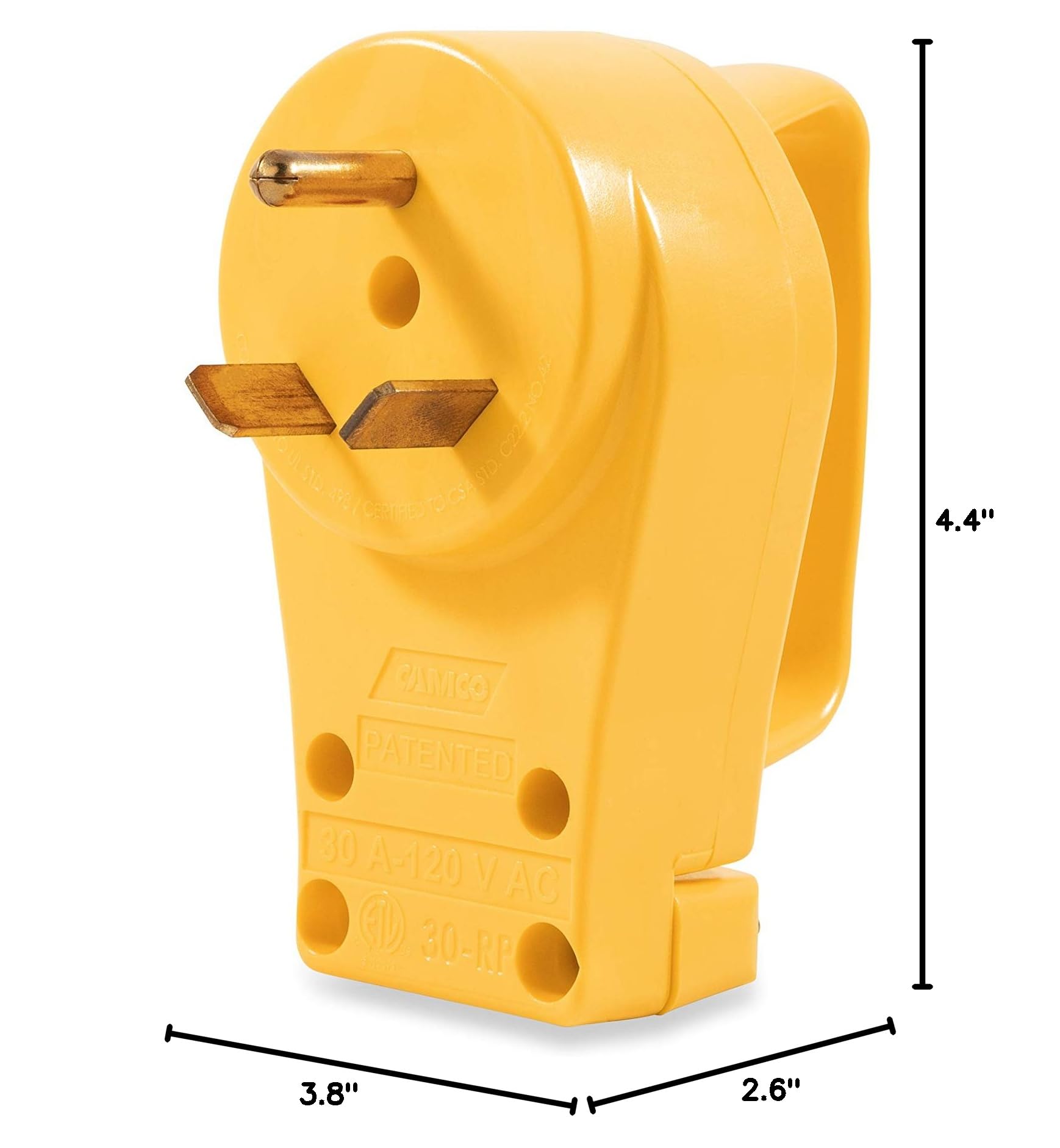 Camco plug connected to shore power at RV showing visible yellow housing for easy spotting benefit