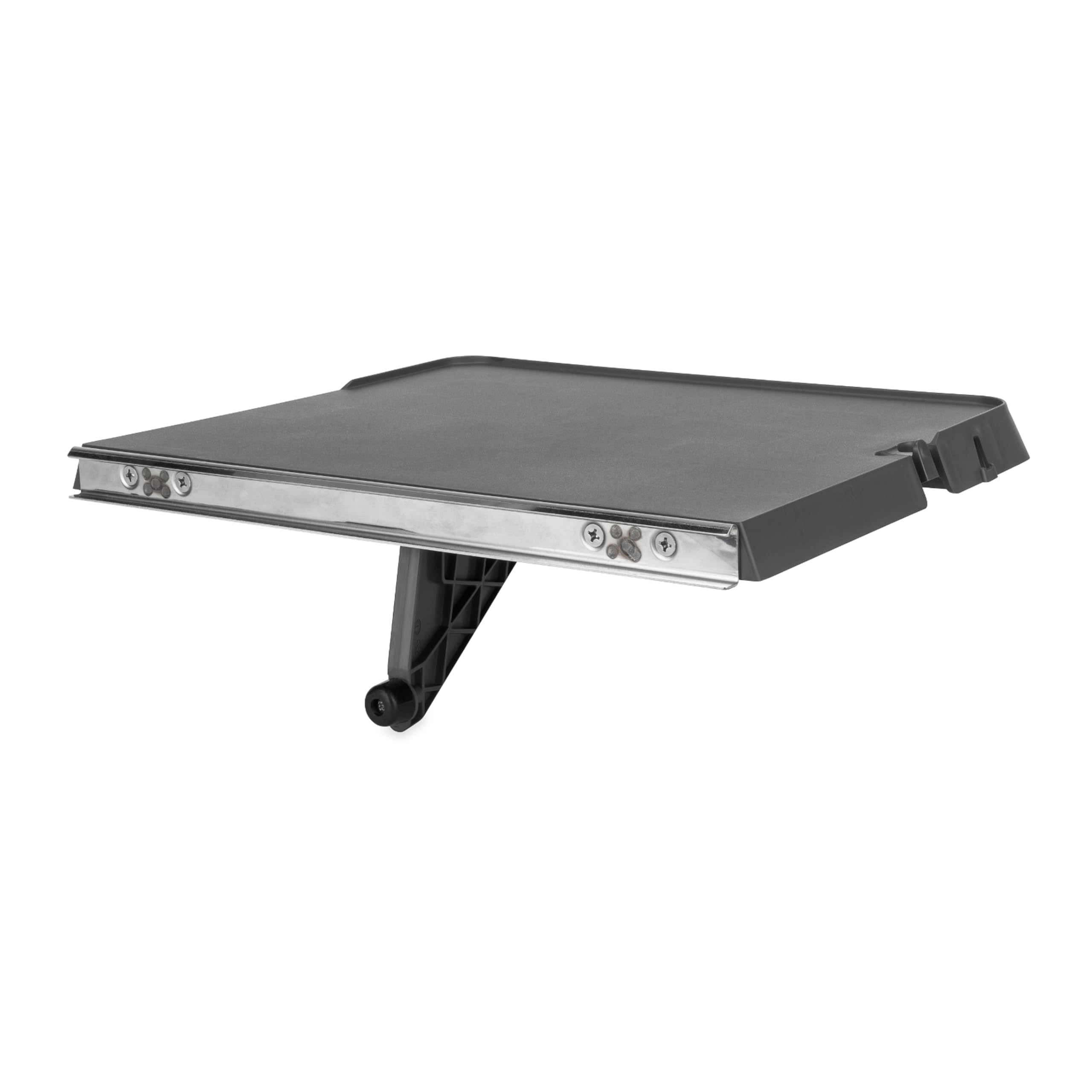 Camco front view of rail-mounted table showing flat surface and lip for stable prep