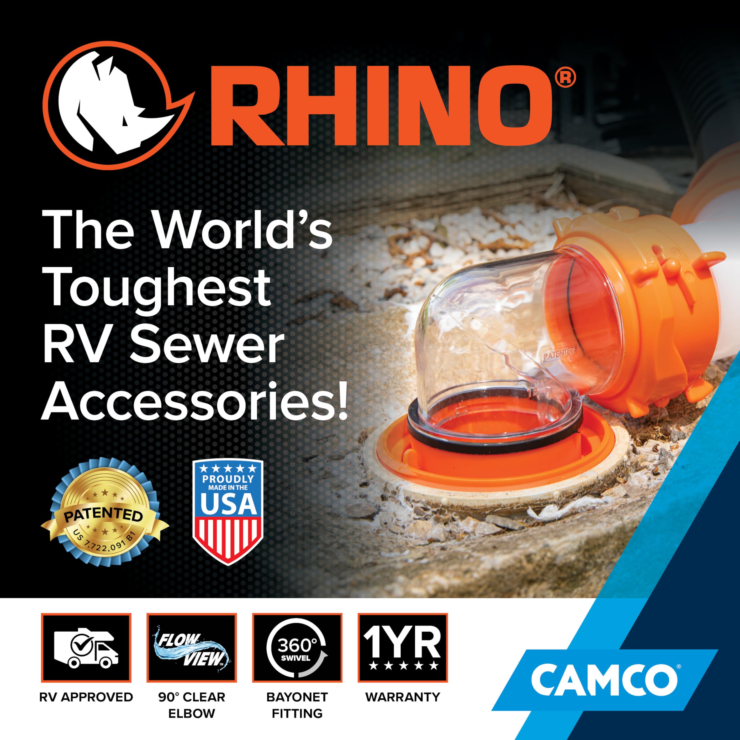 Camco Rhino attached at dump station showing universal fit for fast hookup